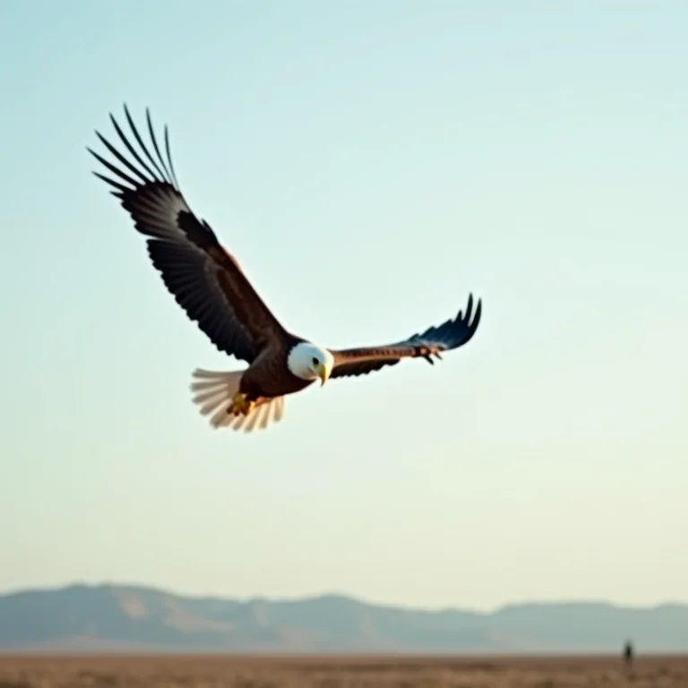 Uma águia-careca voando majestosamente em busca de alimento.