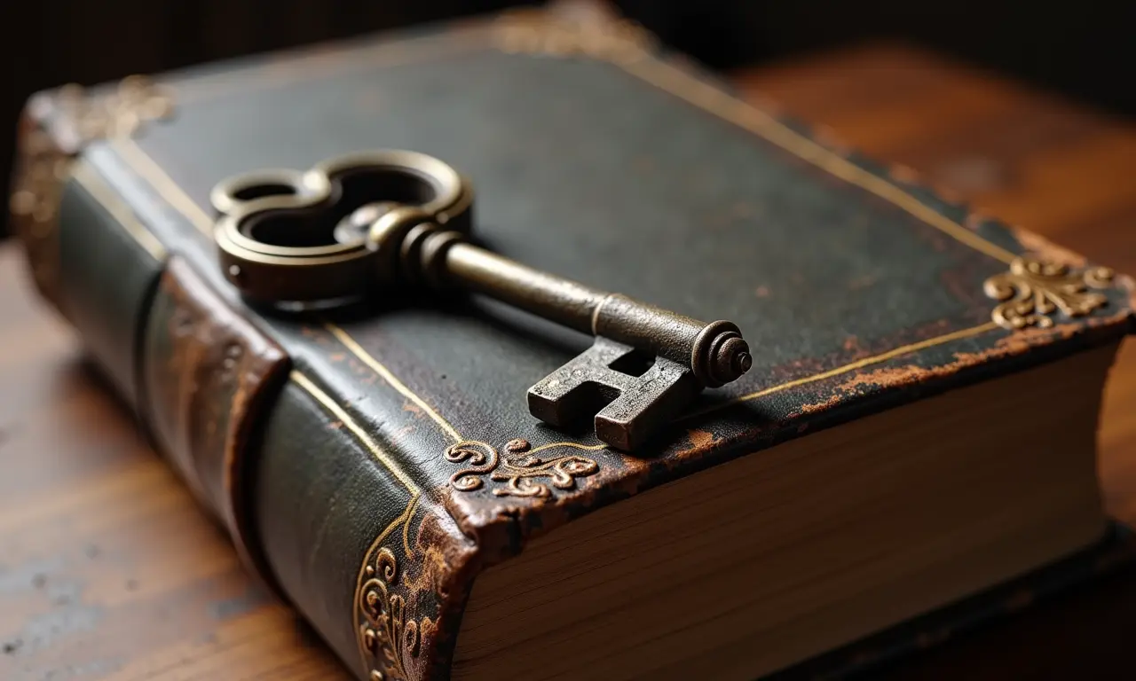 Uma chave antiga ornamentada sobre um livro empoeirado, simbolizando mistérios e segredos.