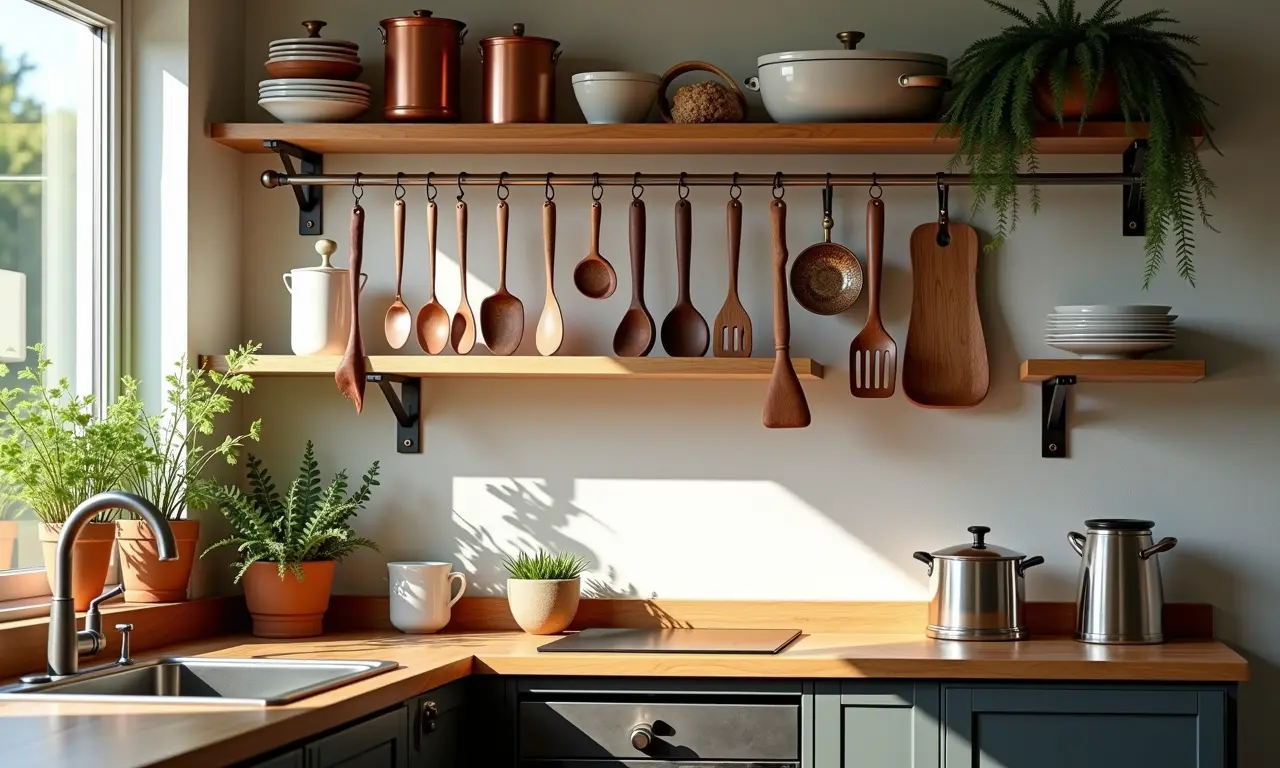 Utensílios à mostra em cozinha pequena, charme e praticidade na organização.