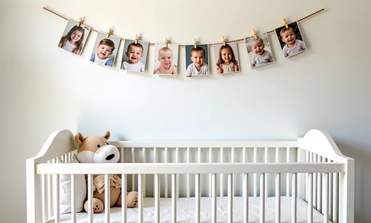 Varal de fotos com lembranças especiais no quarto do bebê.
