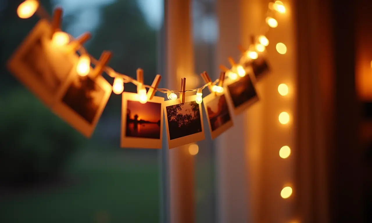 Varal de fotos com pisca-pisca iluminado.