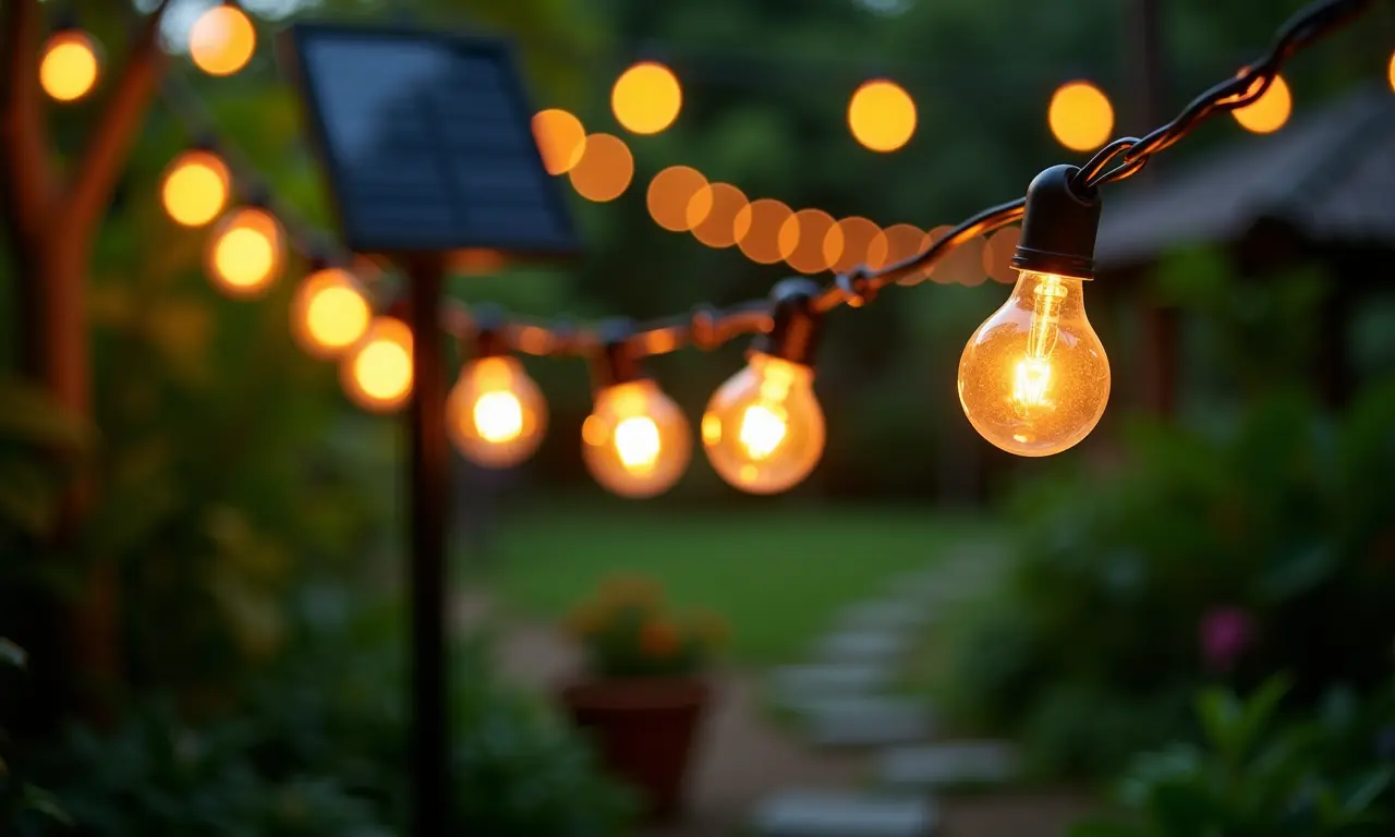 Varal de luzes com energia solar em jardim tropical brasileiro.