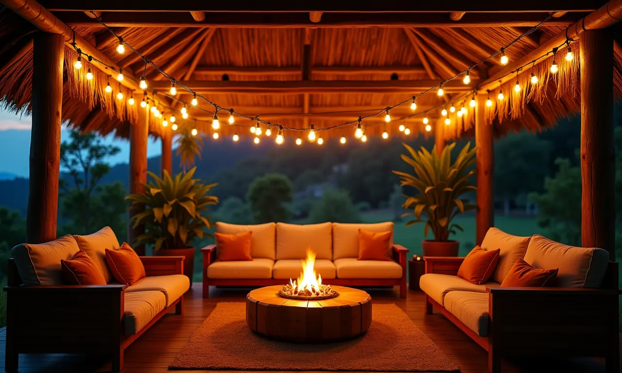 Varal de luzes criando ambiente aconchegante em sala de estar brasileira.