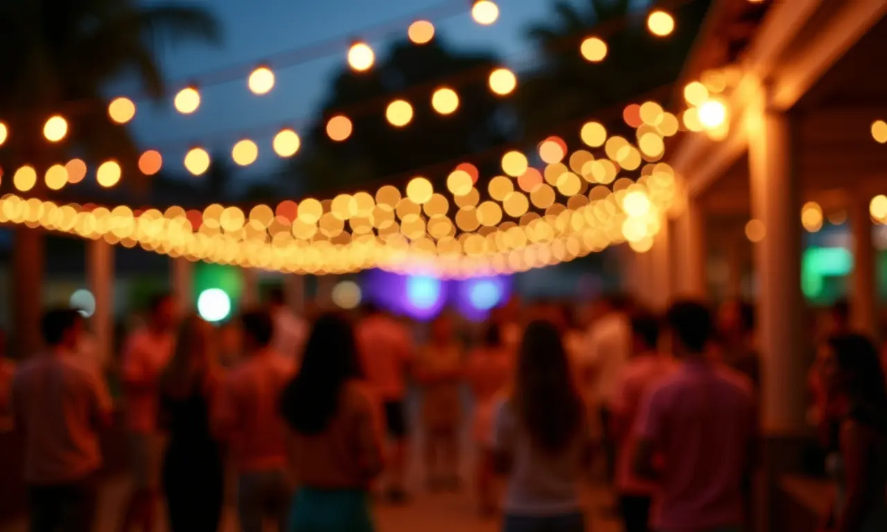 Varal de luzes decorando festa brasileira ao ar livre.