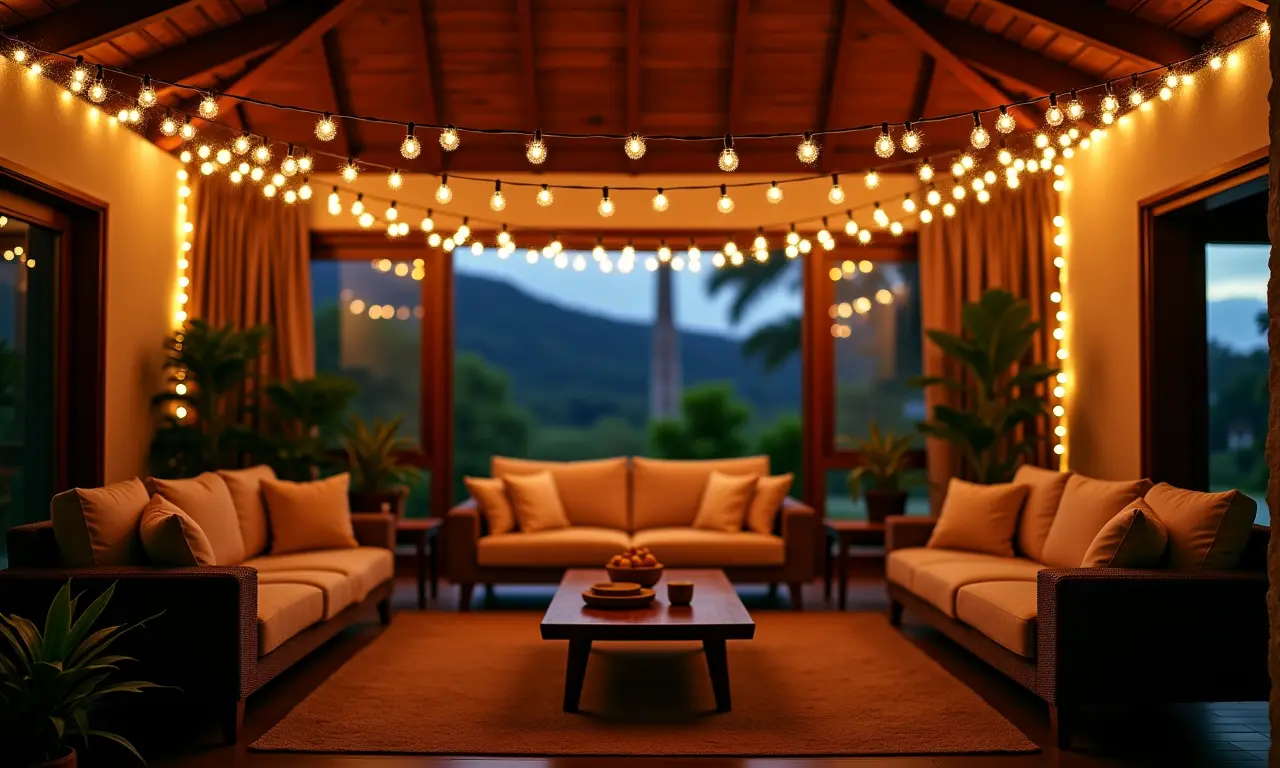 Varal de luzes elegantemente posicionado em sala de estar brasileira.