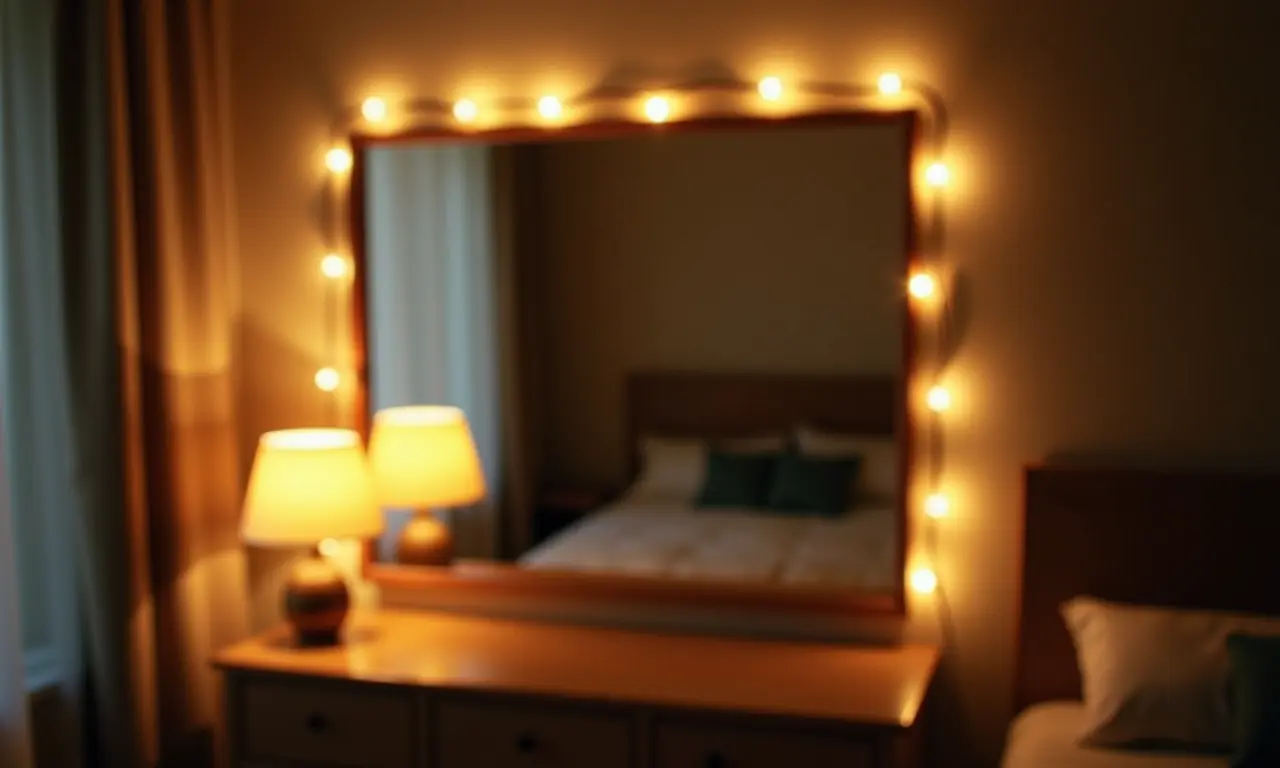 Varal de luzes emoldurando espelho no quarto.