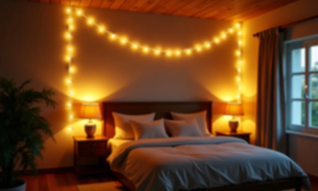 Varal de luzes quentes criando atmosfera aconchegante em quarto.