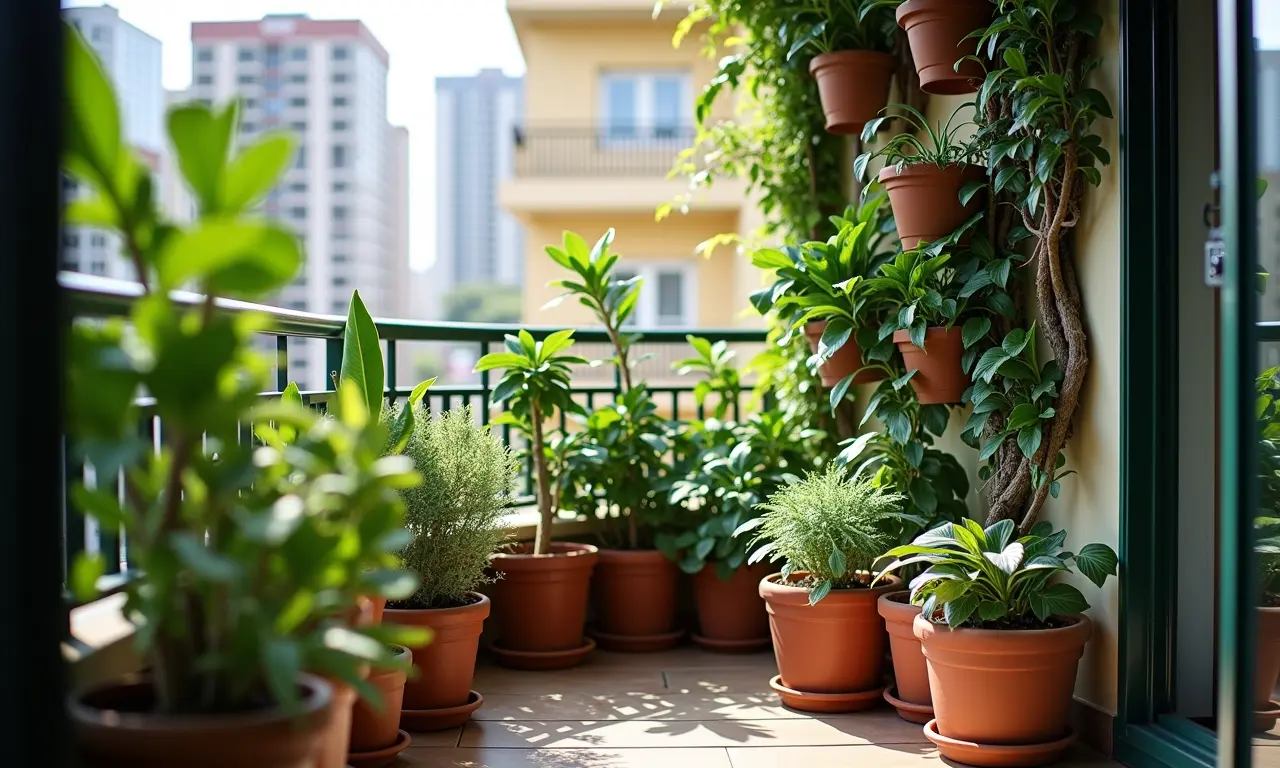 Varanda de apartamento pequeno com plantas e jardim vertical.