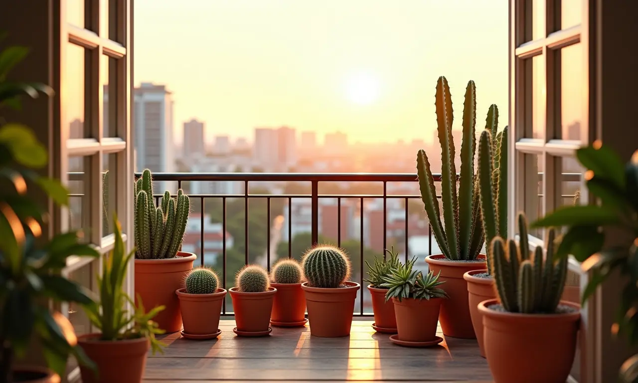 Varanda ensolarada com cactos e suculentas em vasos de terracota.