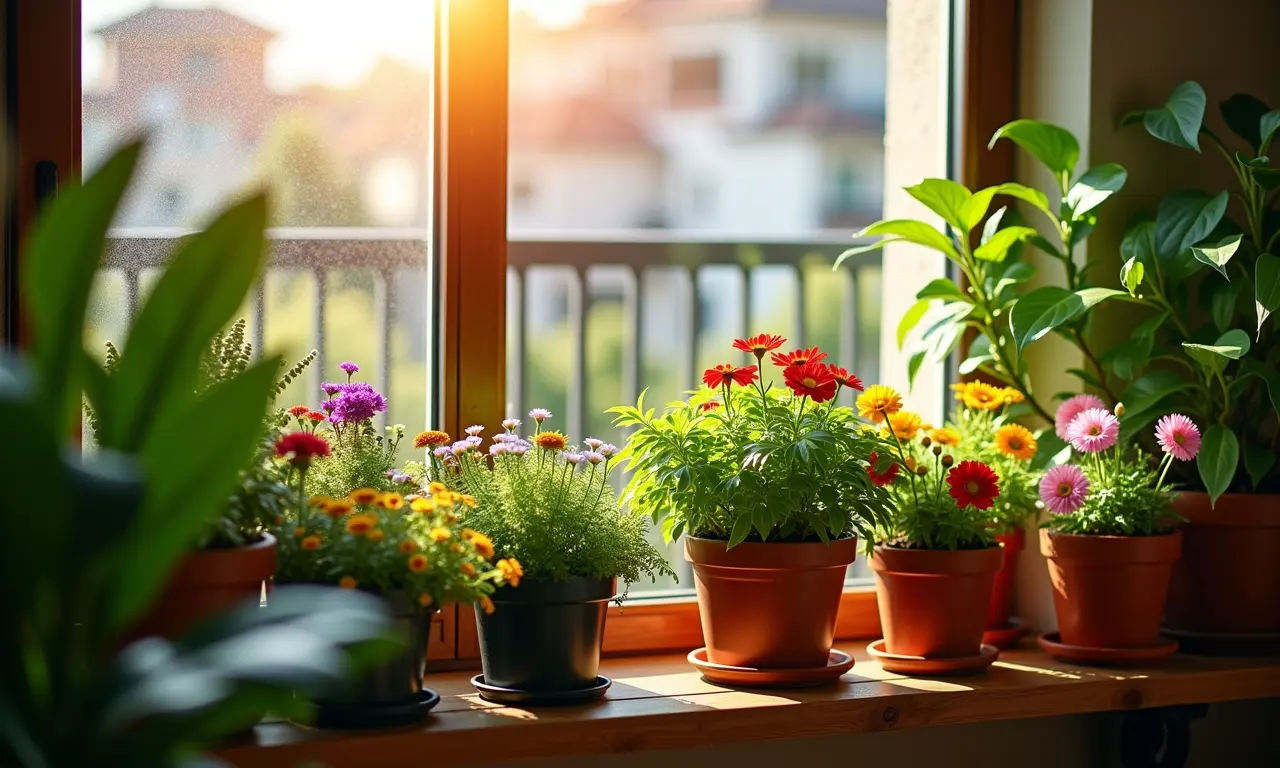 Varanda ensolarada com diversas plantas em vasos, criando um jardim urbano aconchegante.