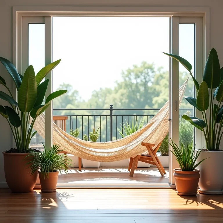Varanda ensolarada com plantas, rede e móveis confortáveis.