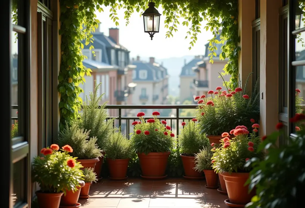 Jardinagem em vasos: o guia definitivo para cultivar mais verde Varanda ensolarada com vasos de flores e plantas exuberantes