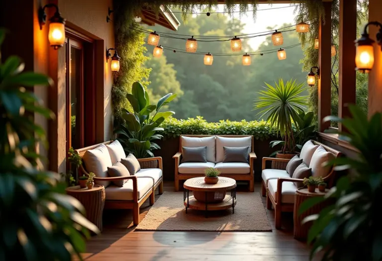 Varanda gourmet decorada com iluminação aconchegante e plantas exuberantes