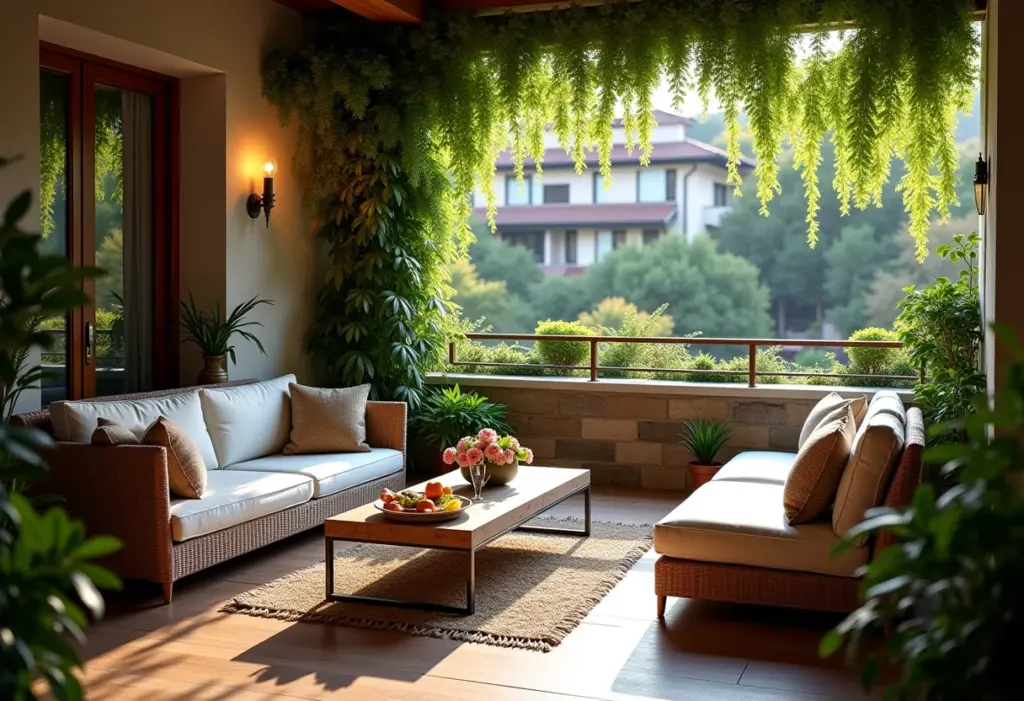 Varanda gourmet decorada com móveis confortáveis e iluminação aconchegante