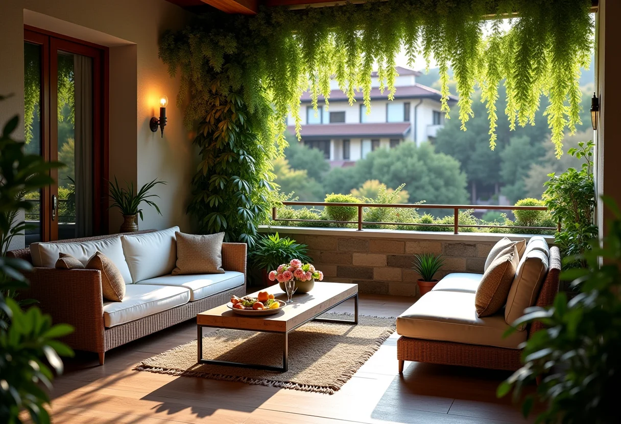 Varanda gourmet decorada com móveis confortáveis e iluminação aconchegante