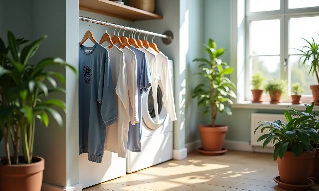 Varão para pendurar roupas em lavanderia.