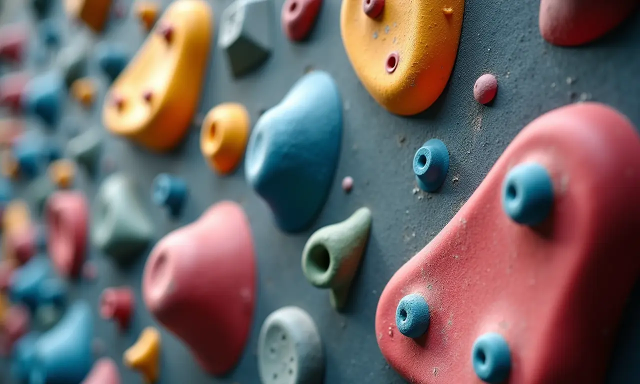 Variedade de agarras para parede de escalada infantil.