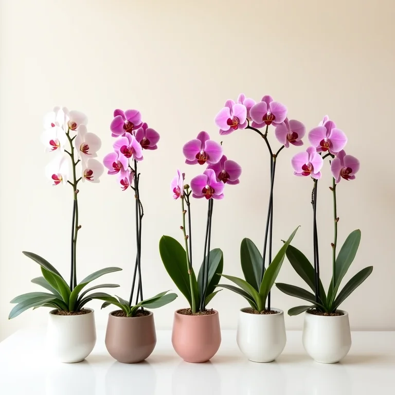 Variedade de orquídeas para iniciantes dispostas em vasos minimalistas.