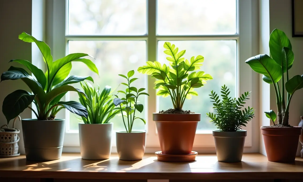 Variedade de plantas artificiais decorando estantes em uma sala de estar iluminada.