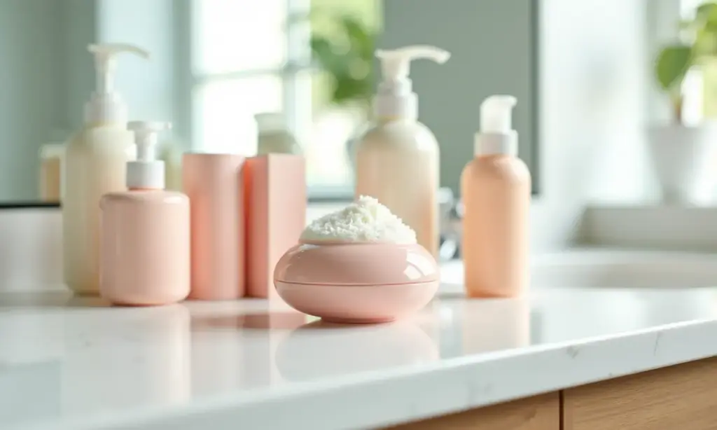 Variedade de sabonetes íntimos em embalagens diversas, em um banheiro iluminado.