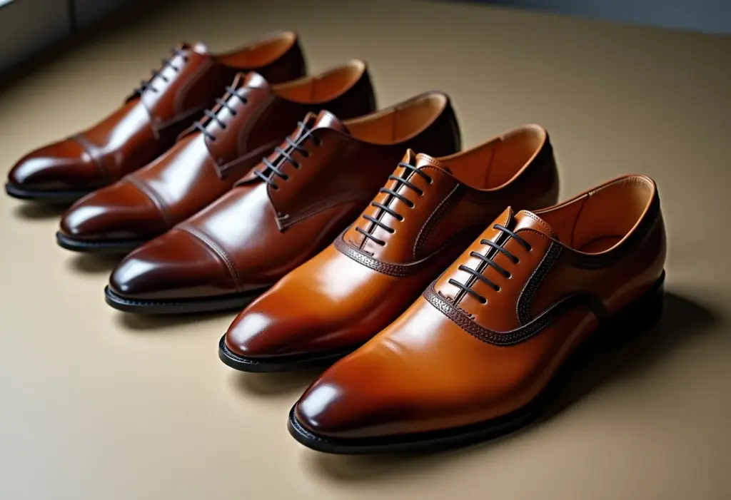 Variedade de sapatos de couro masculinos dispostos artisticamente