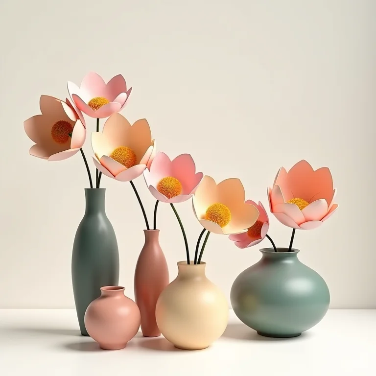 Variedade de vasos e cachepots com arranjos de flores de papel