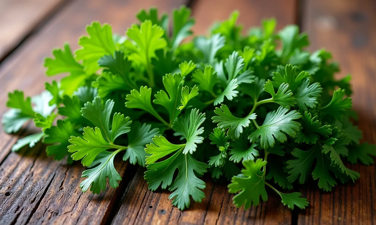 Variedades de salsinha em mesa de madeira, tipos crespa e lisa.