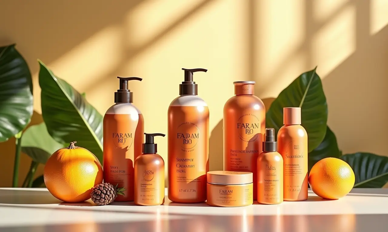 Vários produtos capilares dispostos de forma organizada, em um fundo colorido.