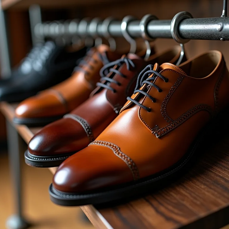 Vários sapatos de couro em uma sapateira