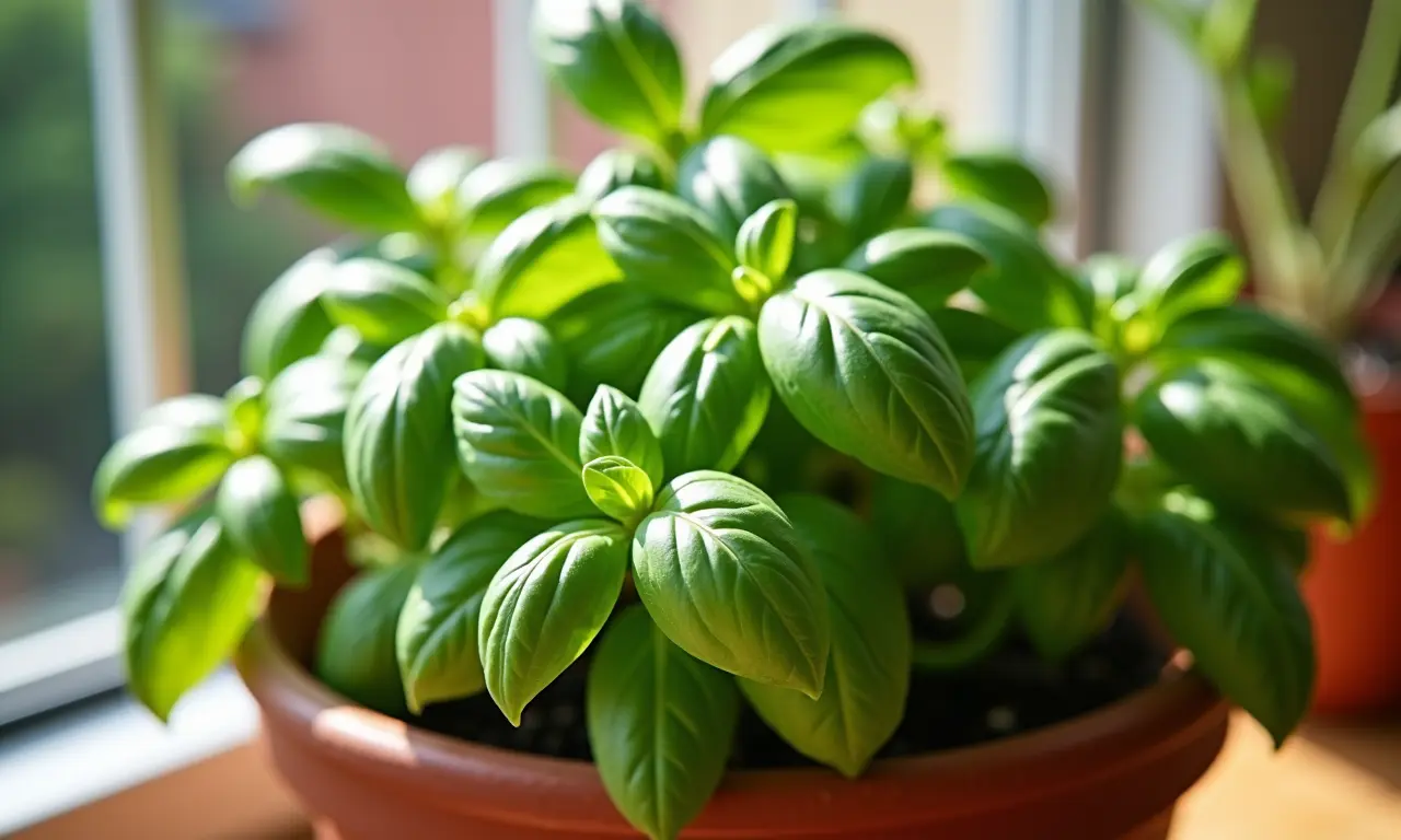 Vaso de manjericão fresco em uma varanda ensolarada.