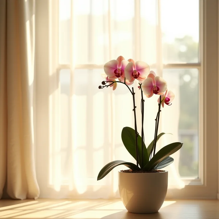 Vaso de orquídea perto de janela ensolarada