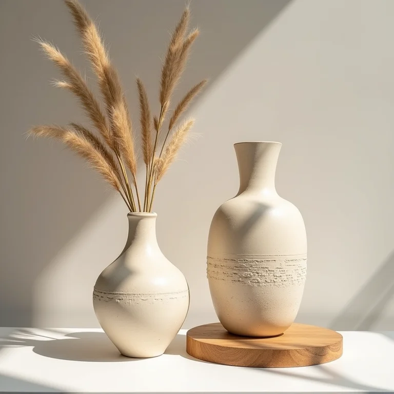 Vasos de cerâmica artesanais e arte têxtil em ateliê.