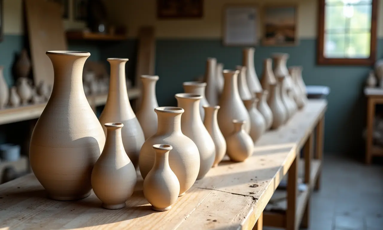 Vasos de cerâmica artesanais em exposição.