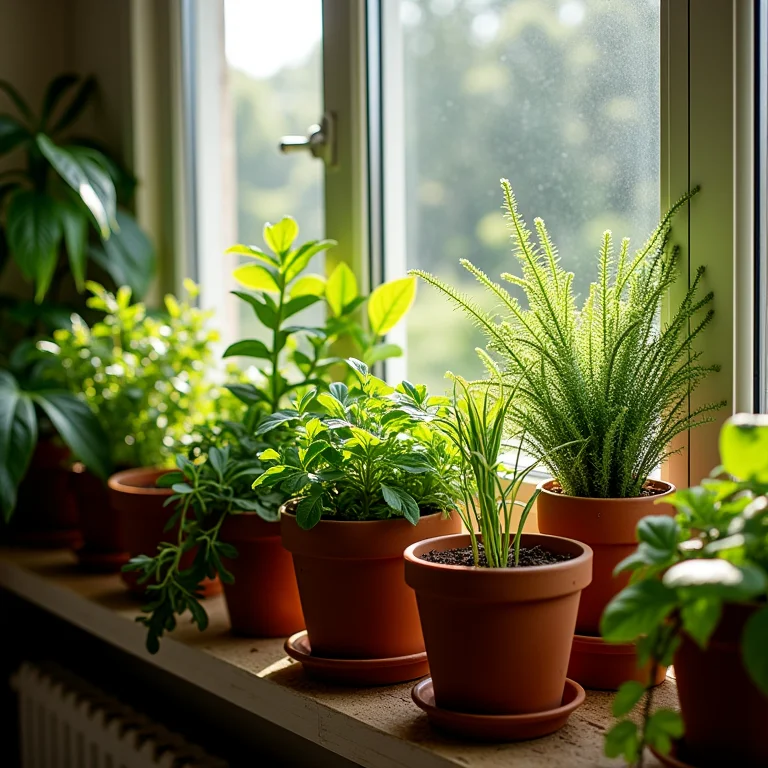 Vasos de plantas variadas decorando uma sacada, trazendo vida e cor