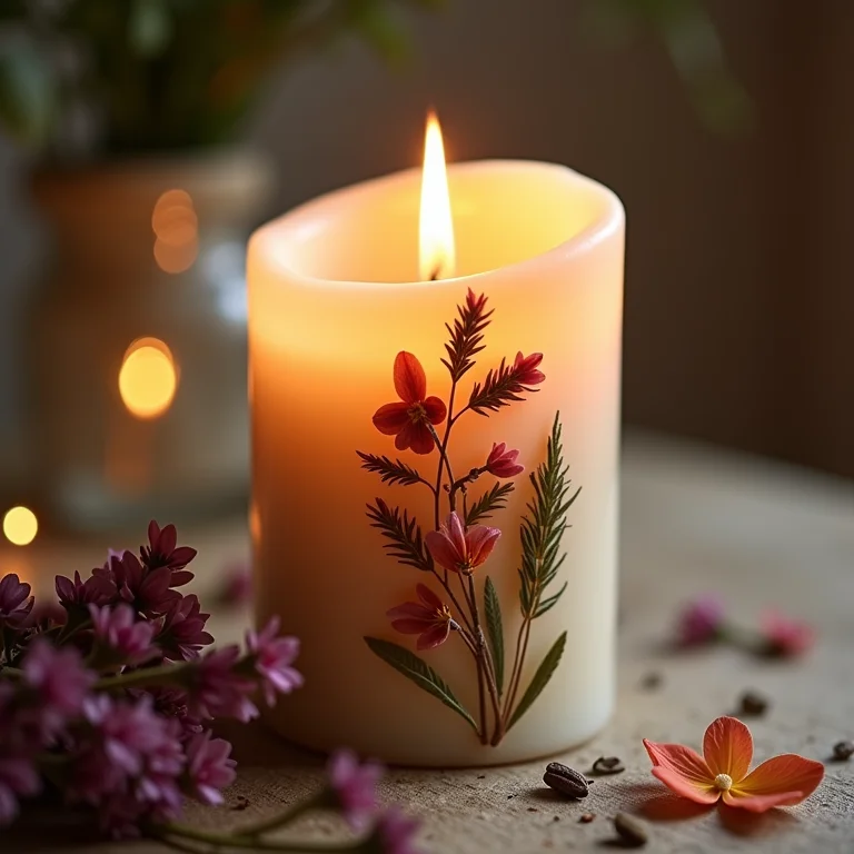 Vela decorada com ervas e flores secas