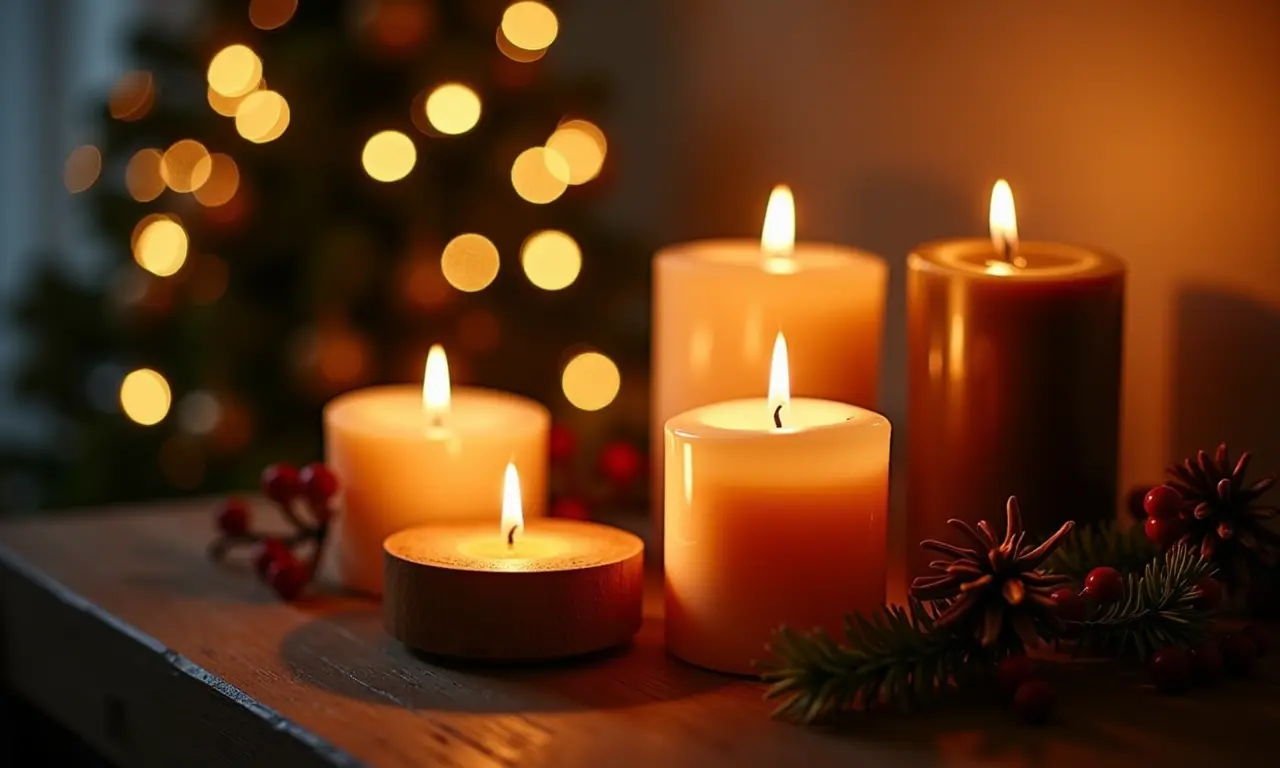 Velas e castiçais charmosos criando uma atmosfera aconchegante para o Natal.