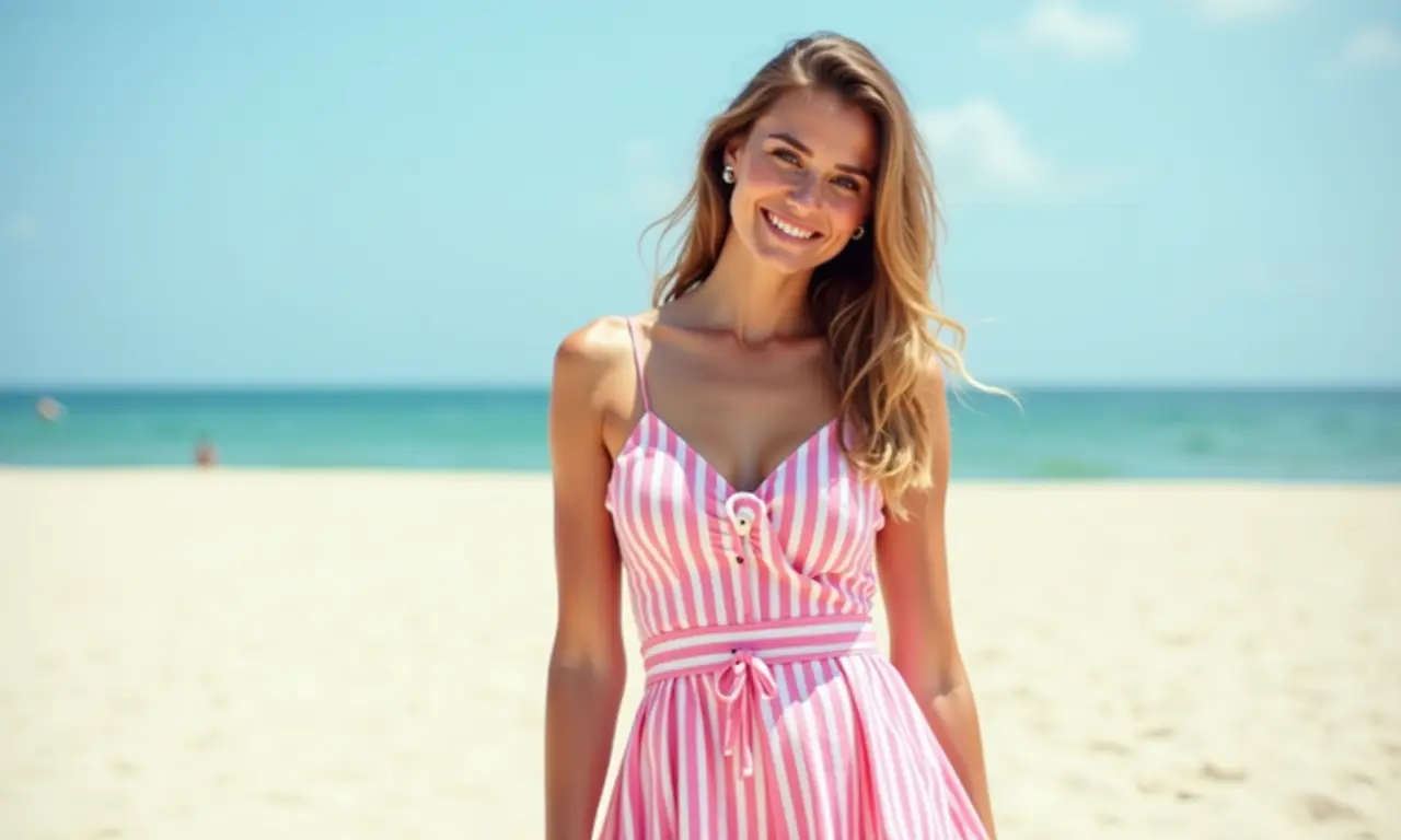 Vestido listrado rosa e branco com fundo de praia para um visual relaxado.