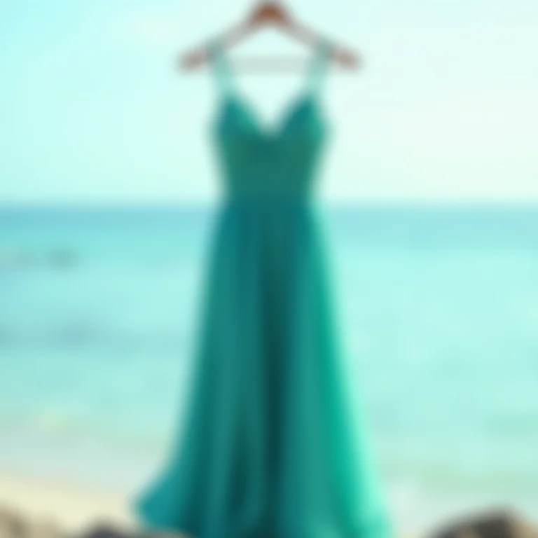 Vestido longo fluido para casamento na praia em tons de azul e verde