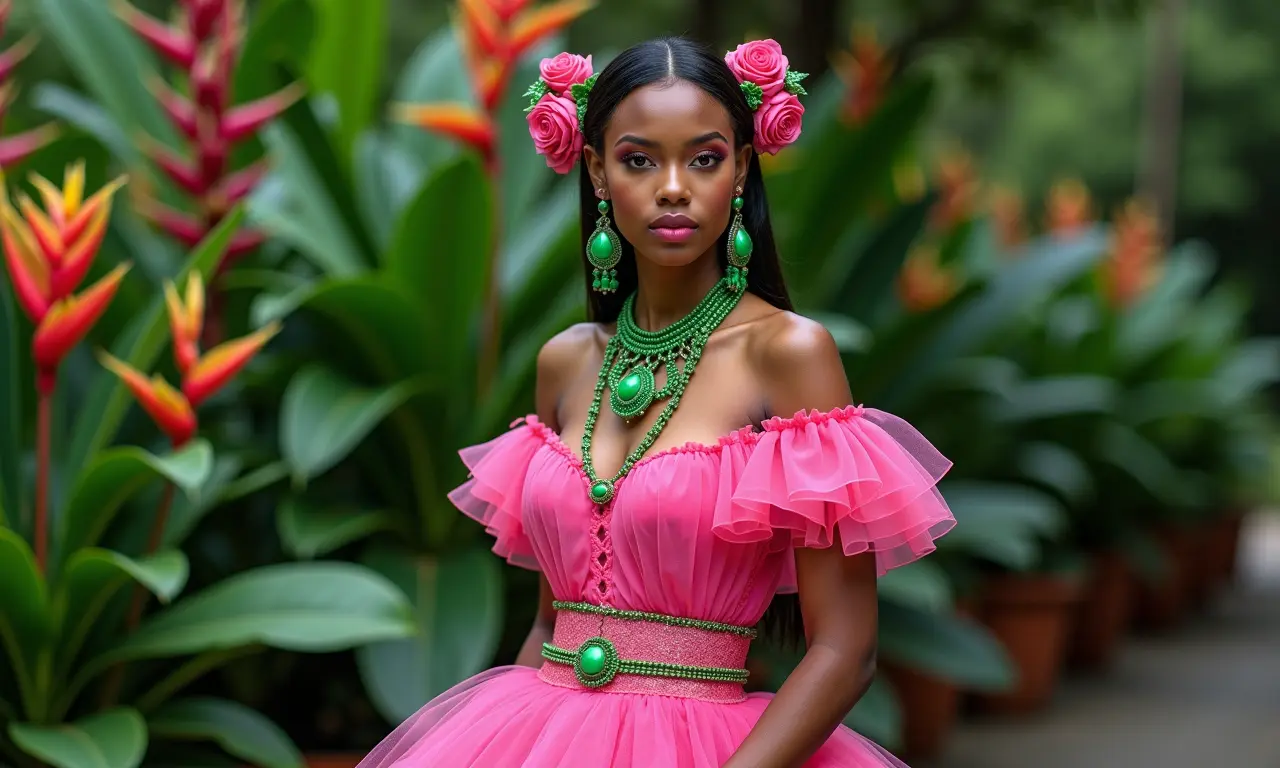 Vestido rosa e acessórios verdes em um jardim botânico vibrante.