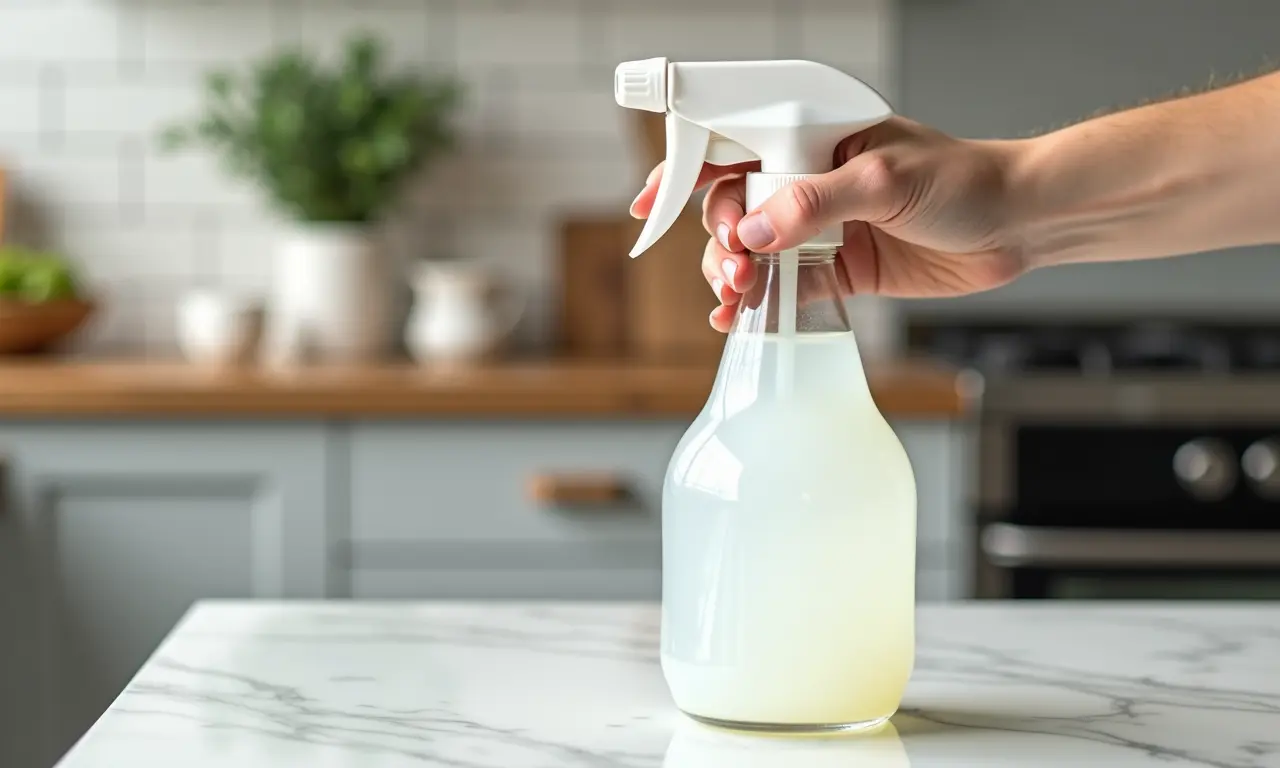 Vinagre branco em spray limpando balcão de cozinha com fundo desfocado.