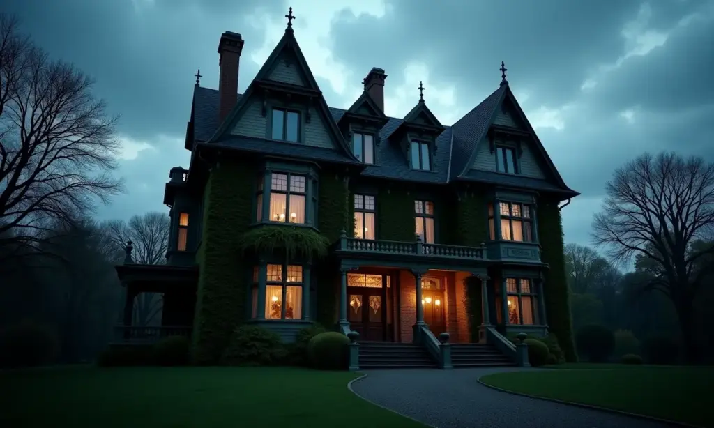 Visão externa de uma mansão vitoriana assombrada ao entardecer, com hera e nuvens escuras.