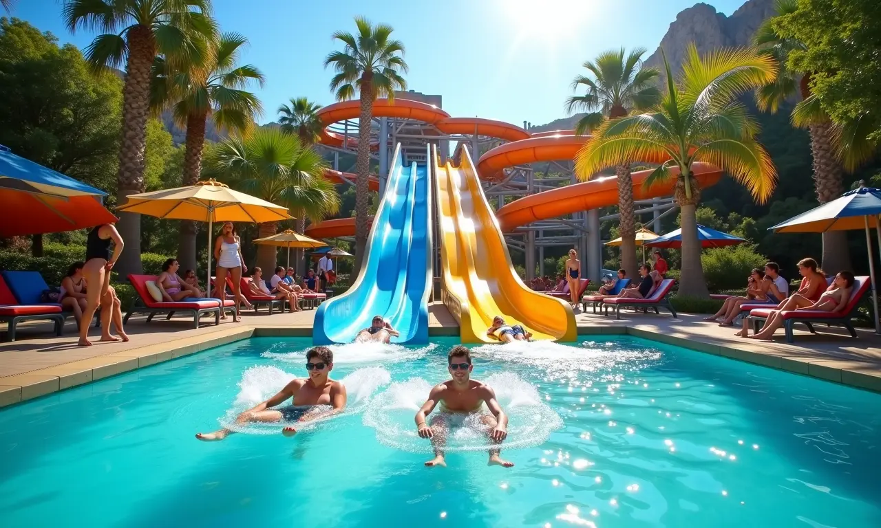 Visitantes se divertindo nas atrações do Thermas Water Park em São Pedro, dia ensolarado.