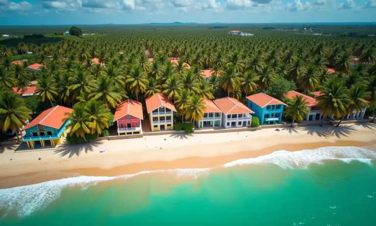 Vista aérea da costa da Bahia com casas coloridas e mar turquesa.