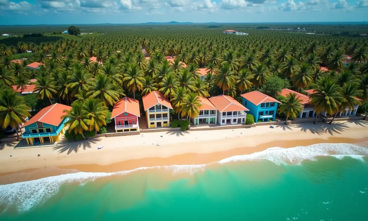 Vista aérea da costa da Bahia com casas coloridas e mar turquesa.
