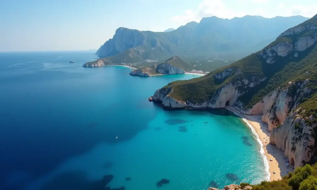 Córsega: A Ilha da Beleza com Praias Paradisíacas e Montanhas! Vista aérea da costa da Córsega com águas turquesas e montanhas.