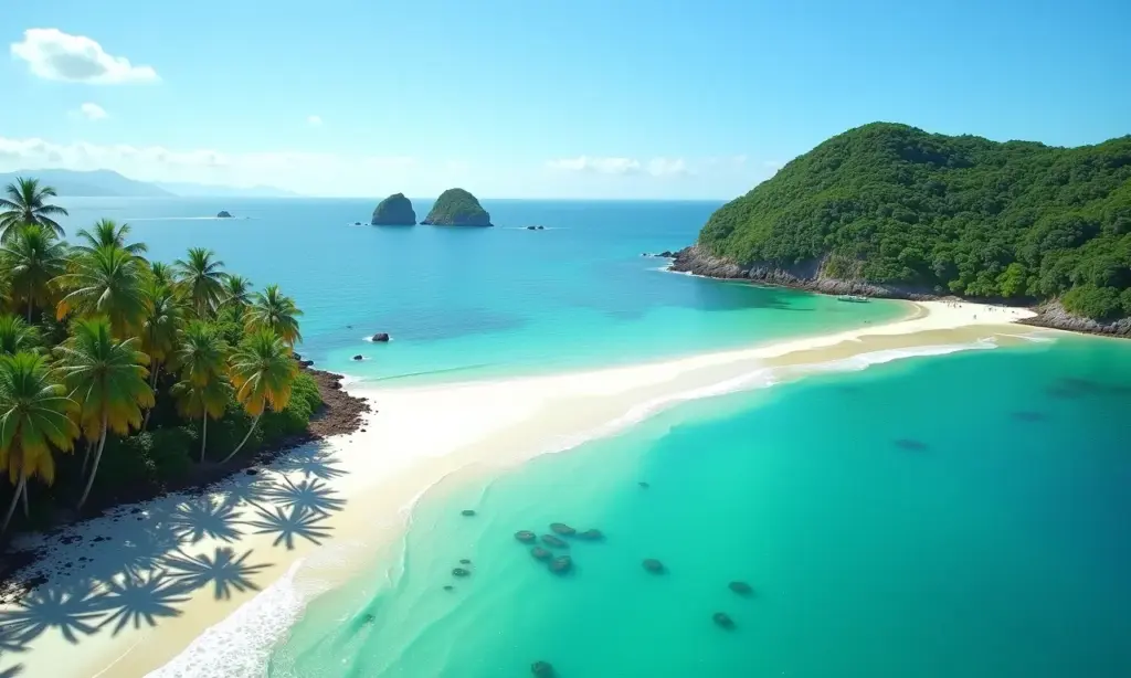 Vista aérea da costa nordestina com águas cristalinas e praias paradisíacas.