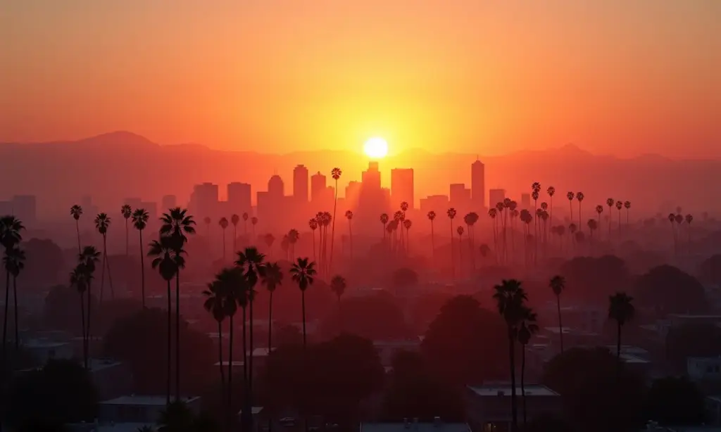 Vista aérea de Los Angeles ao pôr do sol, capturando a essência da cidade dos sonhos.