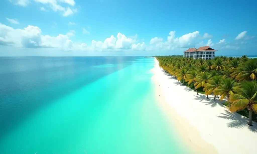 Vista aérea de praia paradisíaca com águas turquesa e resorts de luxo.
