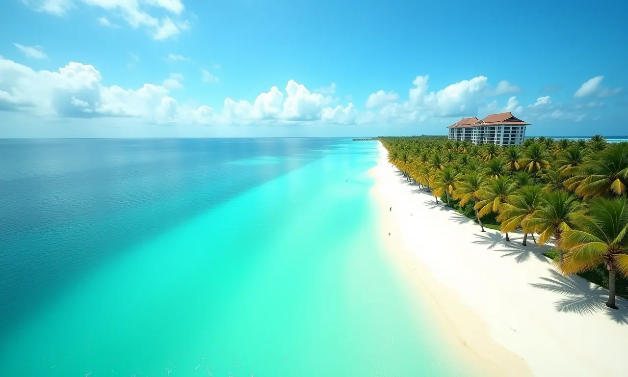Vista aérea de praia paradisíaca com águas turquesa e resorts de luxo.