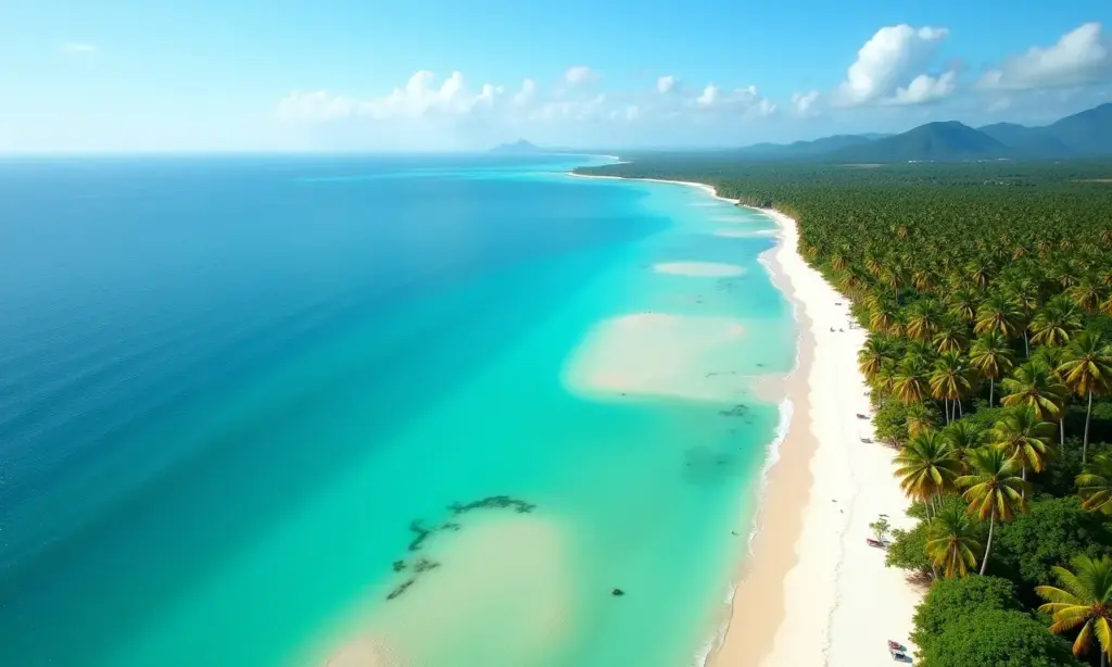 Vista aérea deslumbrante da costa nordestina, águas cristalinas e areia branca.